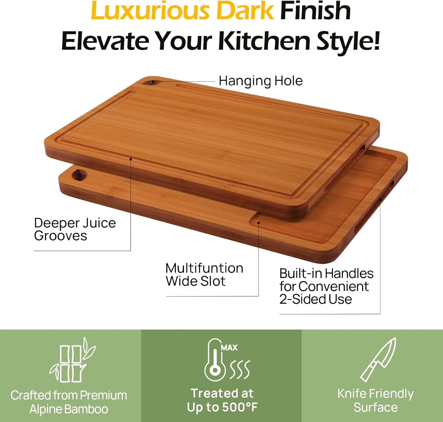 Durable Wood Cutting Boards for Kitchen with Deep Juice Grooves & Built-in Handles