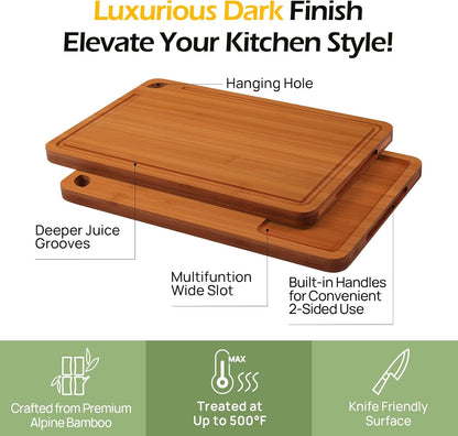Durable Wood Cutting Boards for Kitchen with Deep Juice Grooves & Built-in Handles