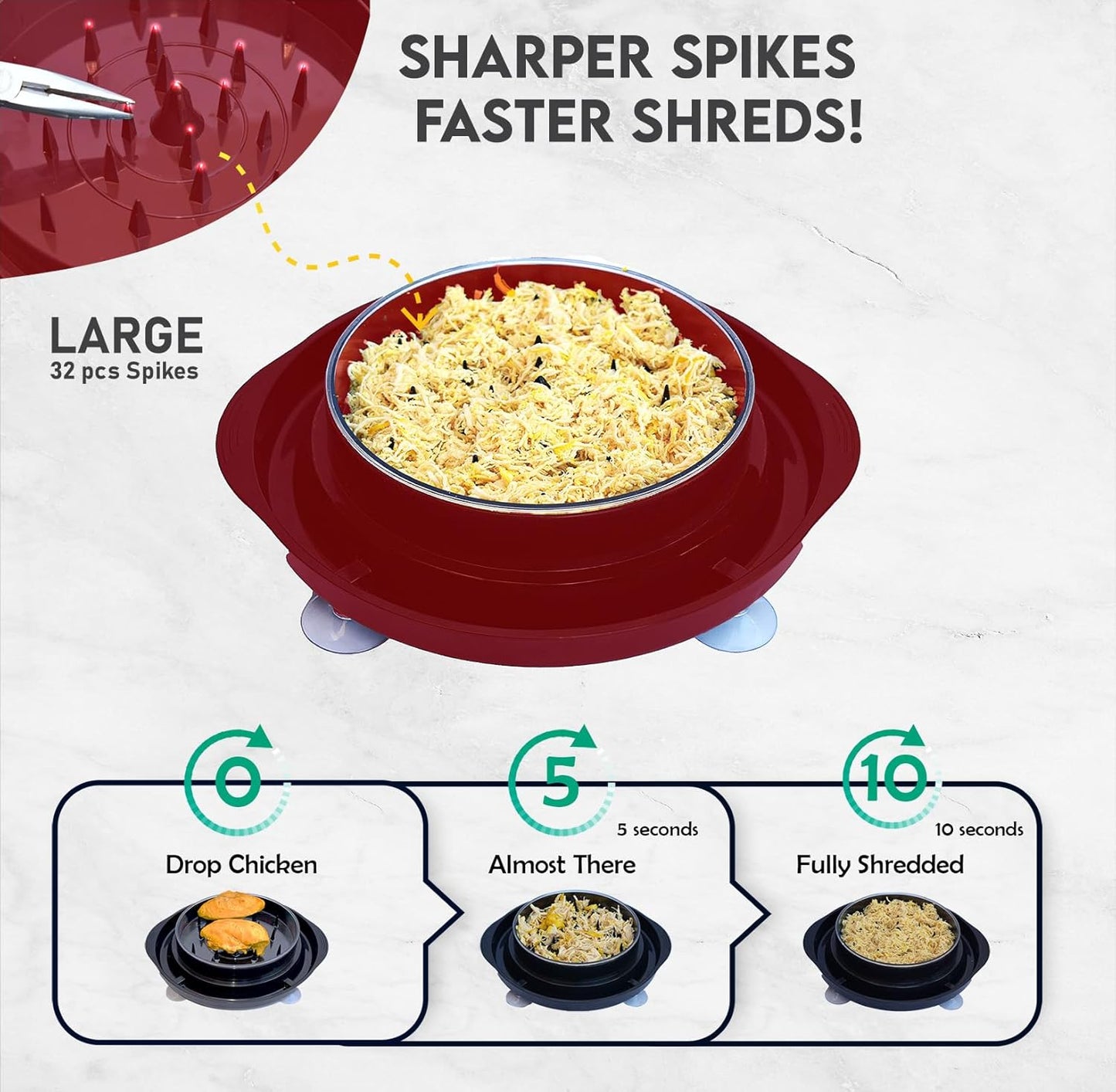 Chicken Shredder | Large Meat Shredding Tool with Twist Action Brush & Tong | Anti-Slip Rubber Base & Suction Cups | Heat Resistant | BPA-Free | Perfect for Chicken,Pork,Beef (Red)