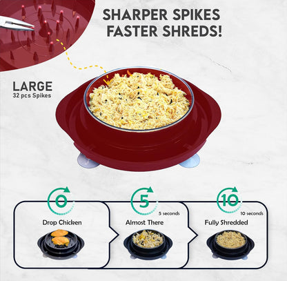 Chicken Shredder | Large Meat Shredding Tool with Twist Action Brush & Tong | Anti-Slip Rubber Base & Suction Cups | Heat Resistant | BPA-Free | Perfect for Chicken,Pork,Beef (Red)