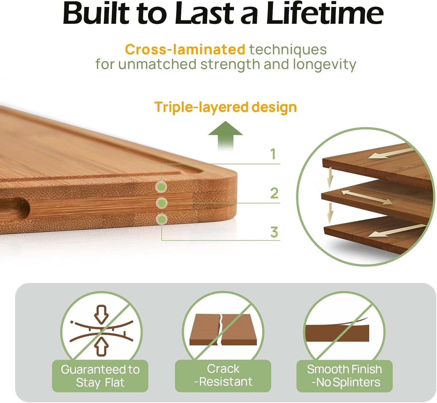 Durable Wood Cutting Boards for Kitchen with Deep Juice Grooves & Built-in Handles