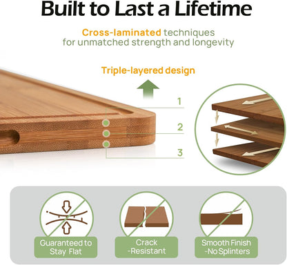 Durable Wood Cutting Boards for Kitchen with Deep Juice Grooves & Built-in Handles