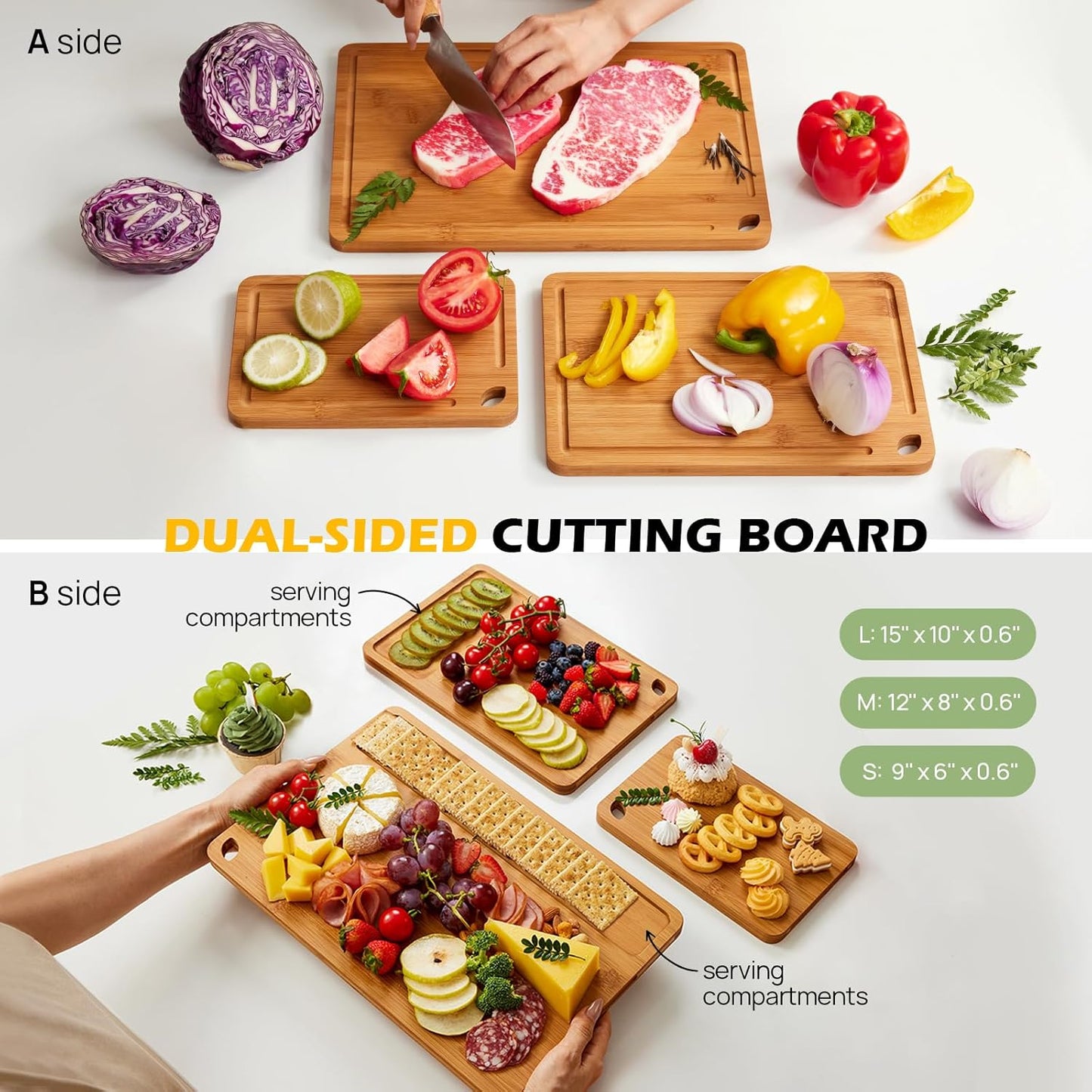 Durable Wood Cutting Boards for Kitchen with Deep Juice Grooves & Built-in Handles