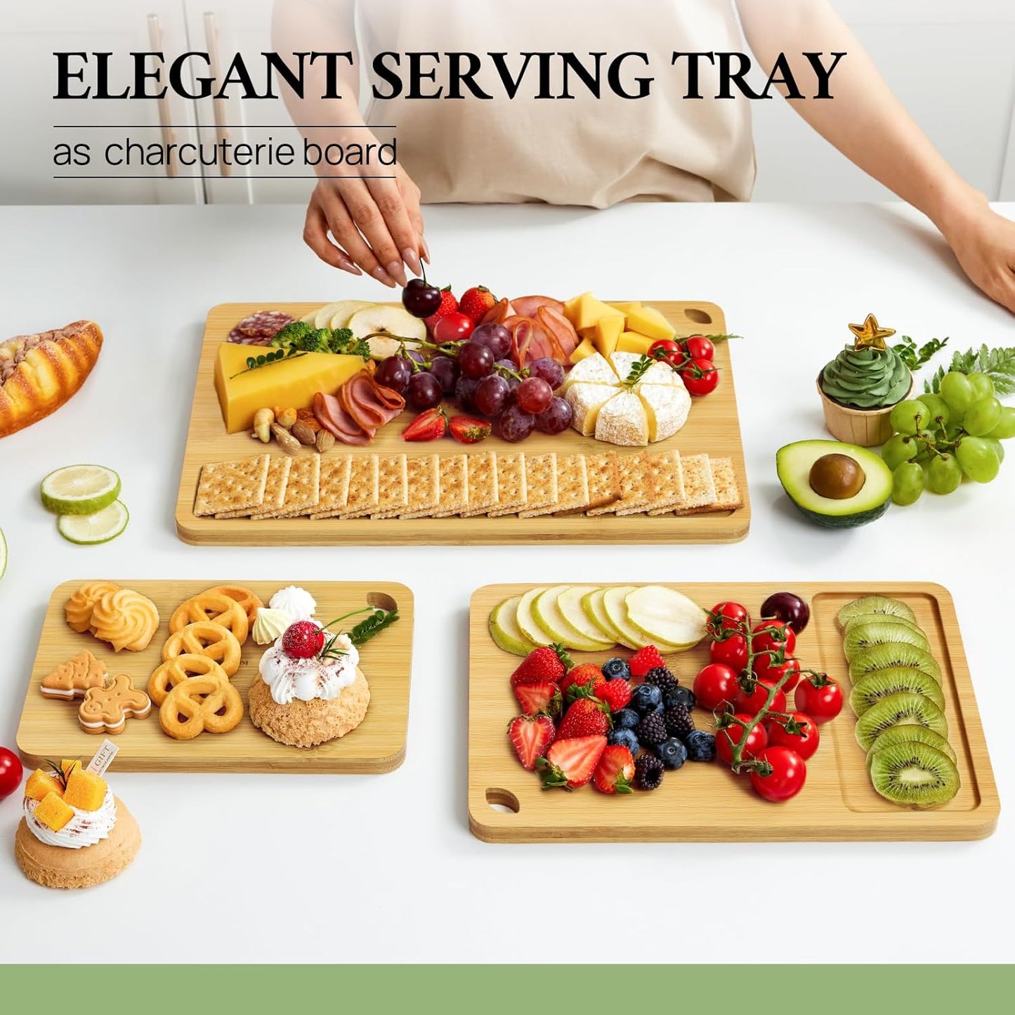 Durable Wood Cutting Boards for Kitchen with Deep Juice Grooves & Built-in Handles