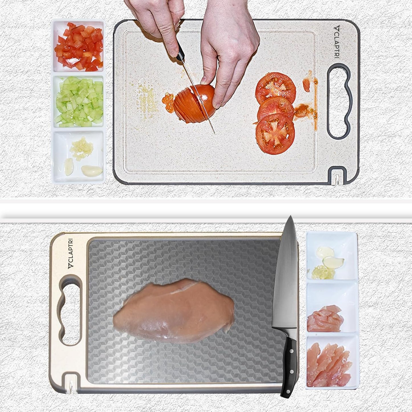 Stainless Steel Cutting Board with Tray for kitchen | Double-Sided 304 Stainless Steel & Wheat Straw PP | Large Chopping Board with Built-In Grinder & Knife Sharpener | Easy-to-Clean