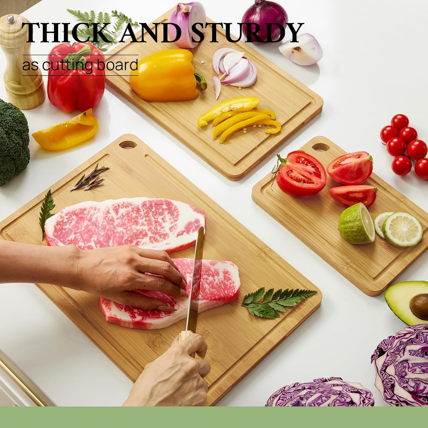 Durable Wood Cutting Boards for Kitchen with Deep Juice Grooves & Built-in Handles