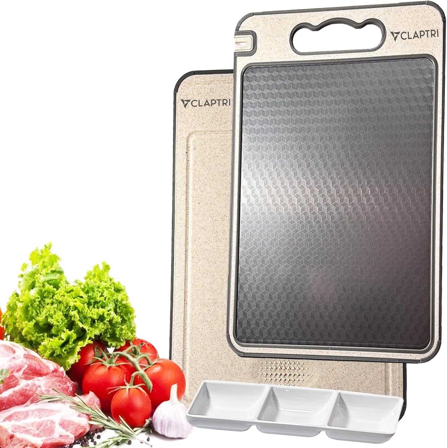 Stainless Steel Cutting Board with Tray for kitchen | Double-Sided 304 Stainless Steel & Wheat Straw PP | Large Chopping Board with Built-In Grinder & Knife Sharpener | Easy-to-Clean