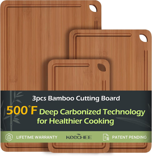 Durable Wood Cutting Boards for Kitchen with Deep Juice Grooves & Built-in Handles